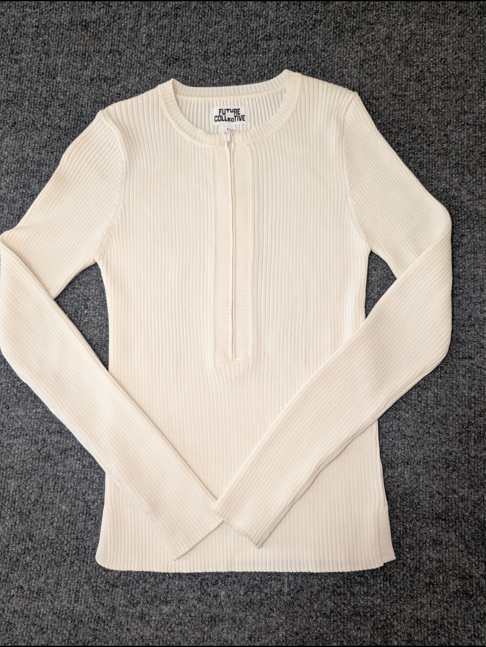 Future Collective Cream Off-White Ribbed Knit Zip Henley Sweater XS